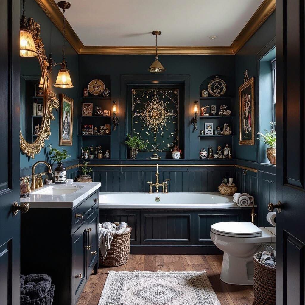 Eclectic Modern Bathroom with Gothic and Boho Elements