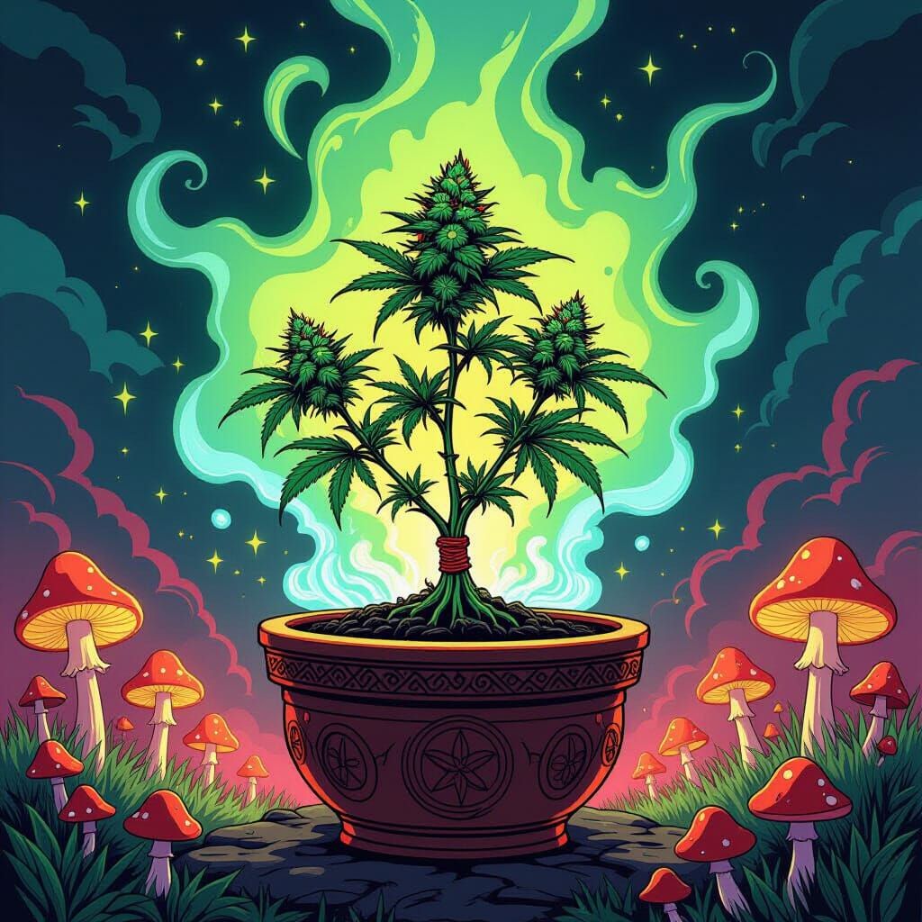 Mystical Cannabis Altar in Comic Book Style