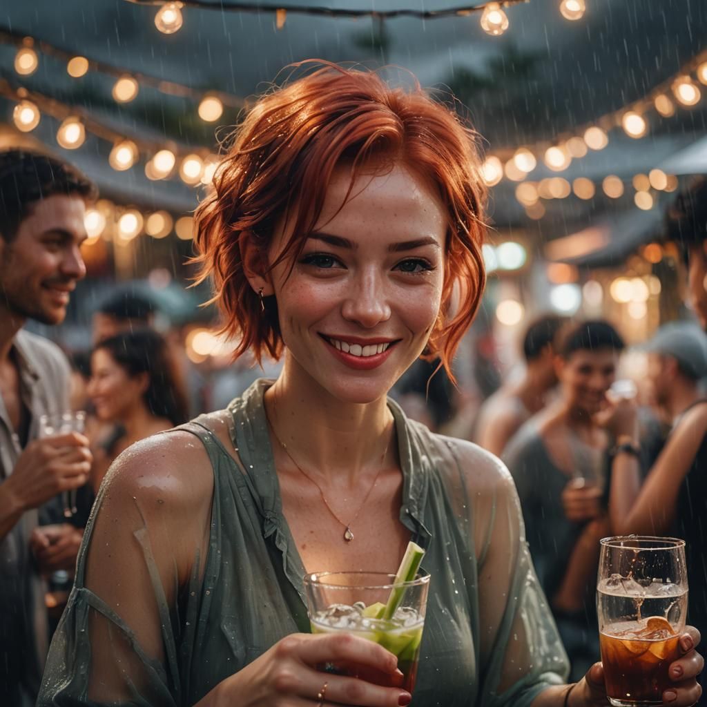 Red-Haired Woman at Beach Bar: Hyperrealistic Portrait