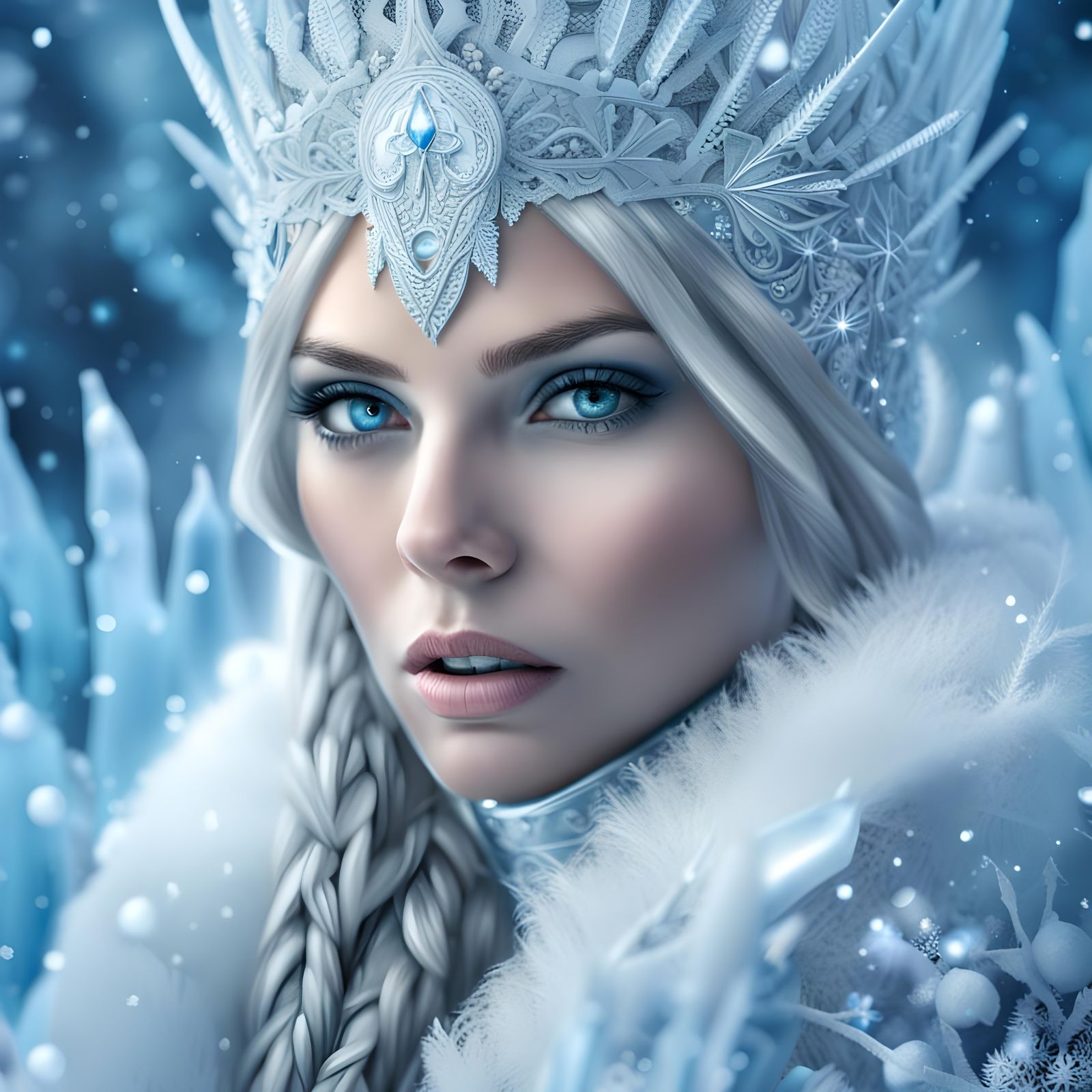 Hyperrealistic Ice Queen Portrait in Winter Wonderland