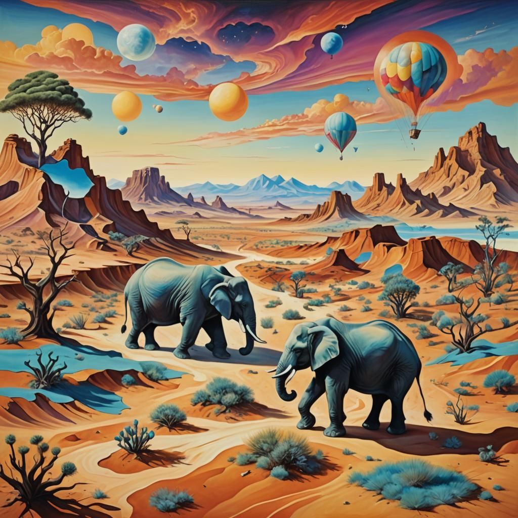Surreal Elephant Journey Through Psychedelic Desert