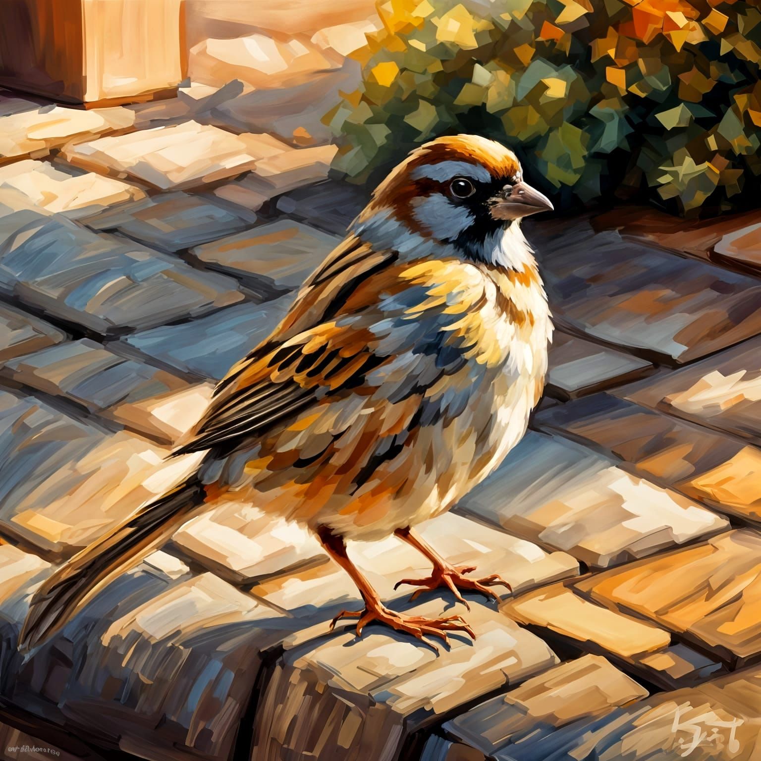 Sparrow Portrait in Cobbled Courtyard