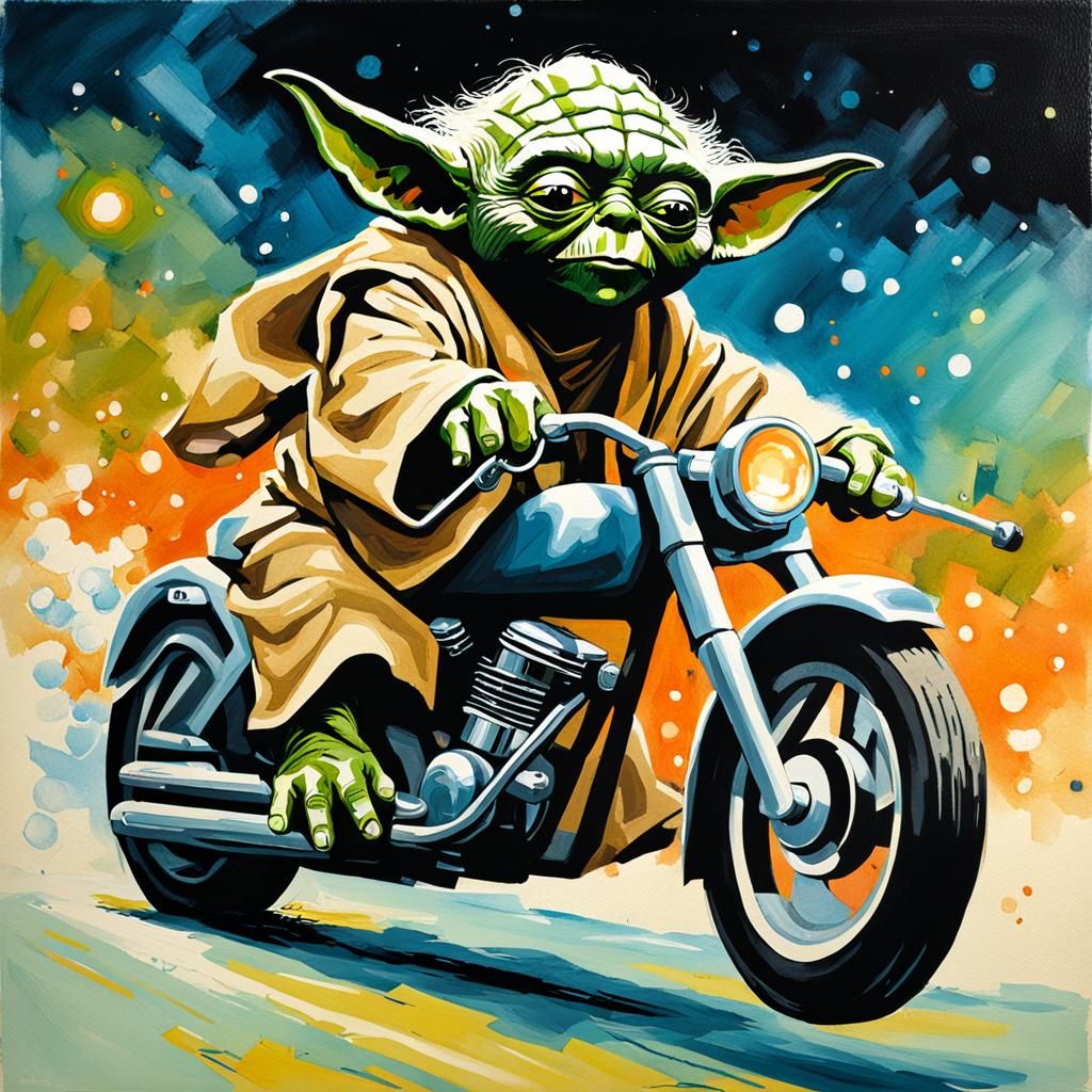 Yoda Rides a Motorbike: Gouache Painting