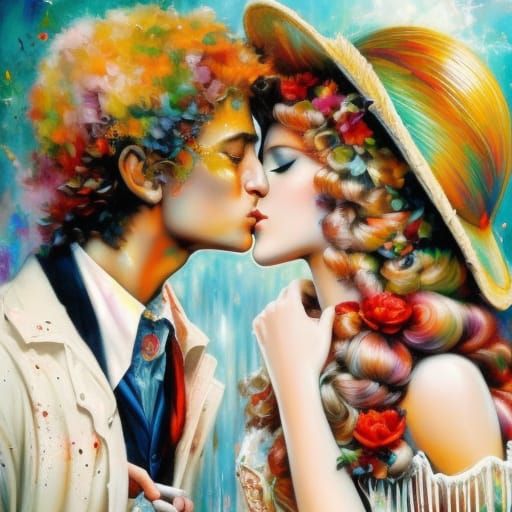 Tom Sawyer kissing Becky Thatcher,  Tender scene between two lovers between the marrieds