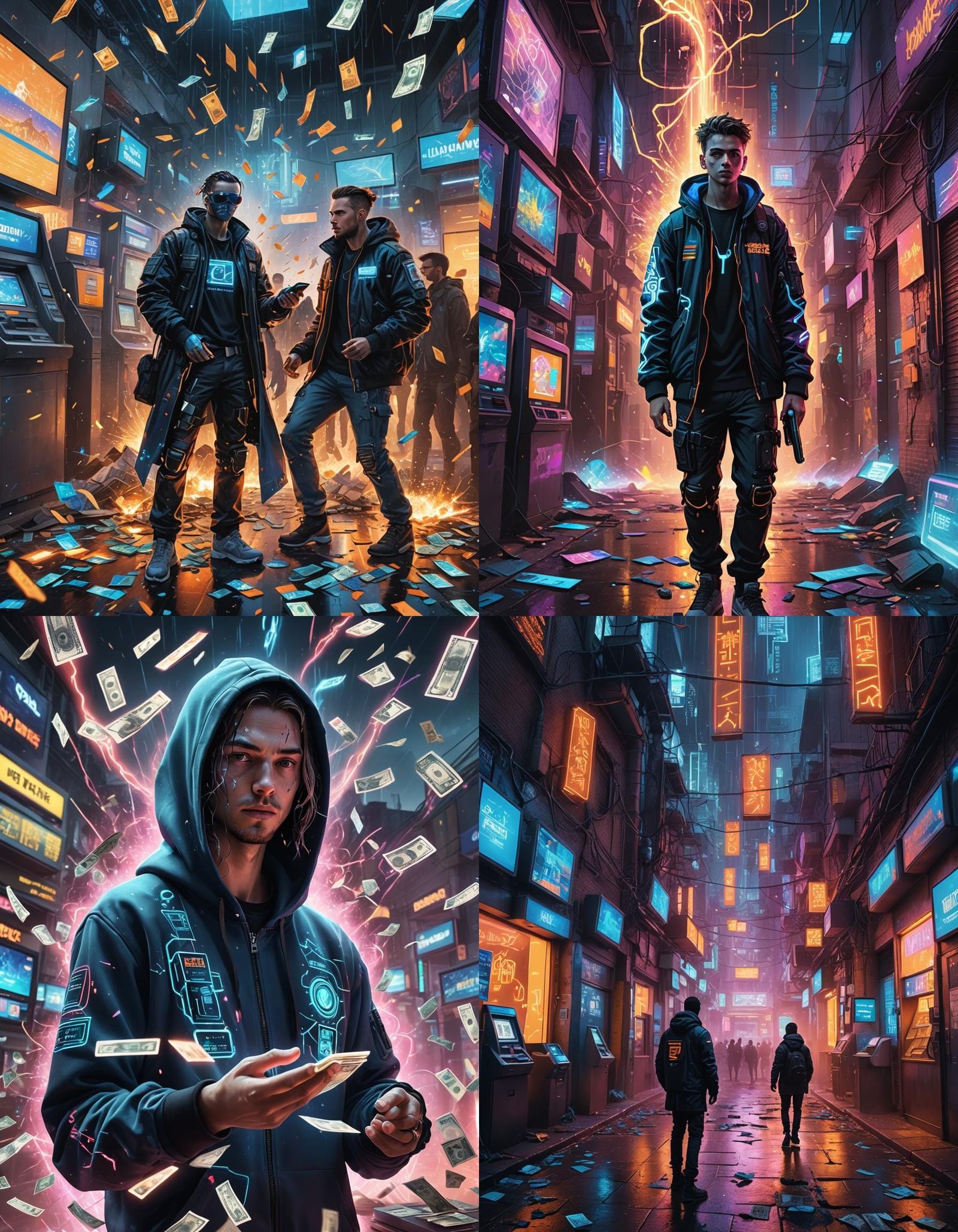 Cyberpunk Hacker Surrounded by ATMs and Flying Money