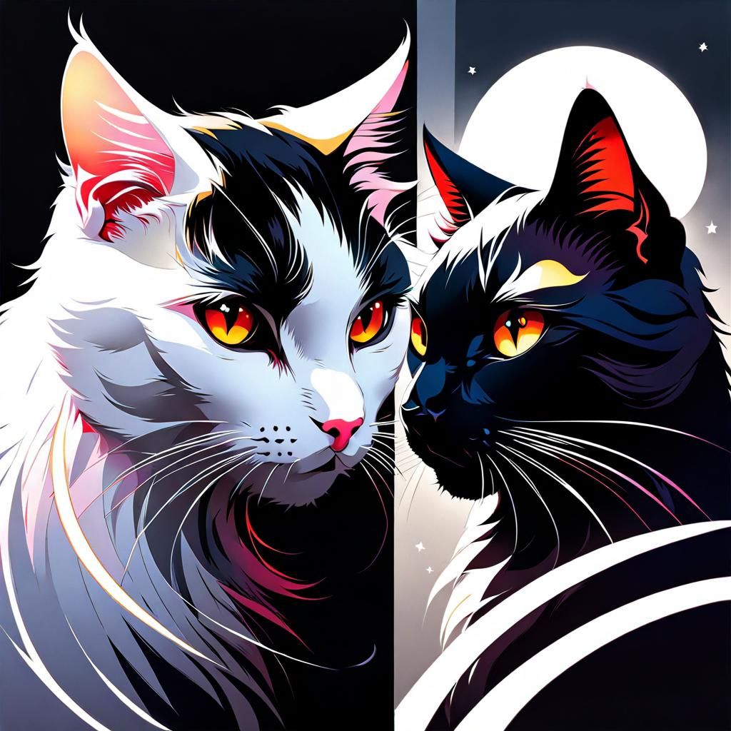 Symmetrical Cats with Crescents in Anime Style