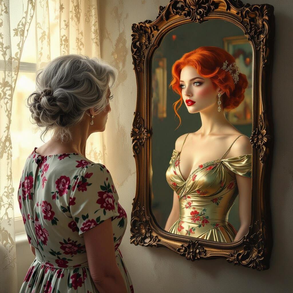 Nostalgic Reflection: Old Woman and Her Youth in Mirror