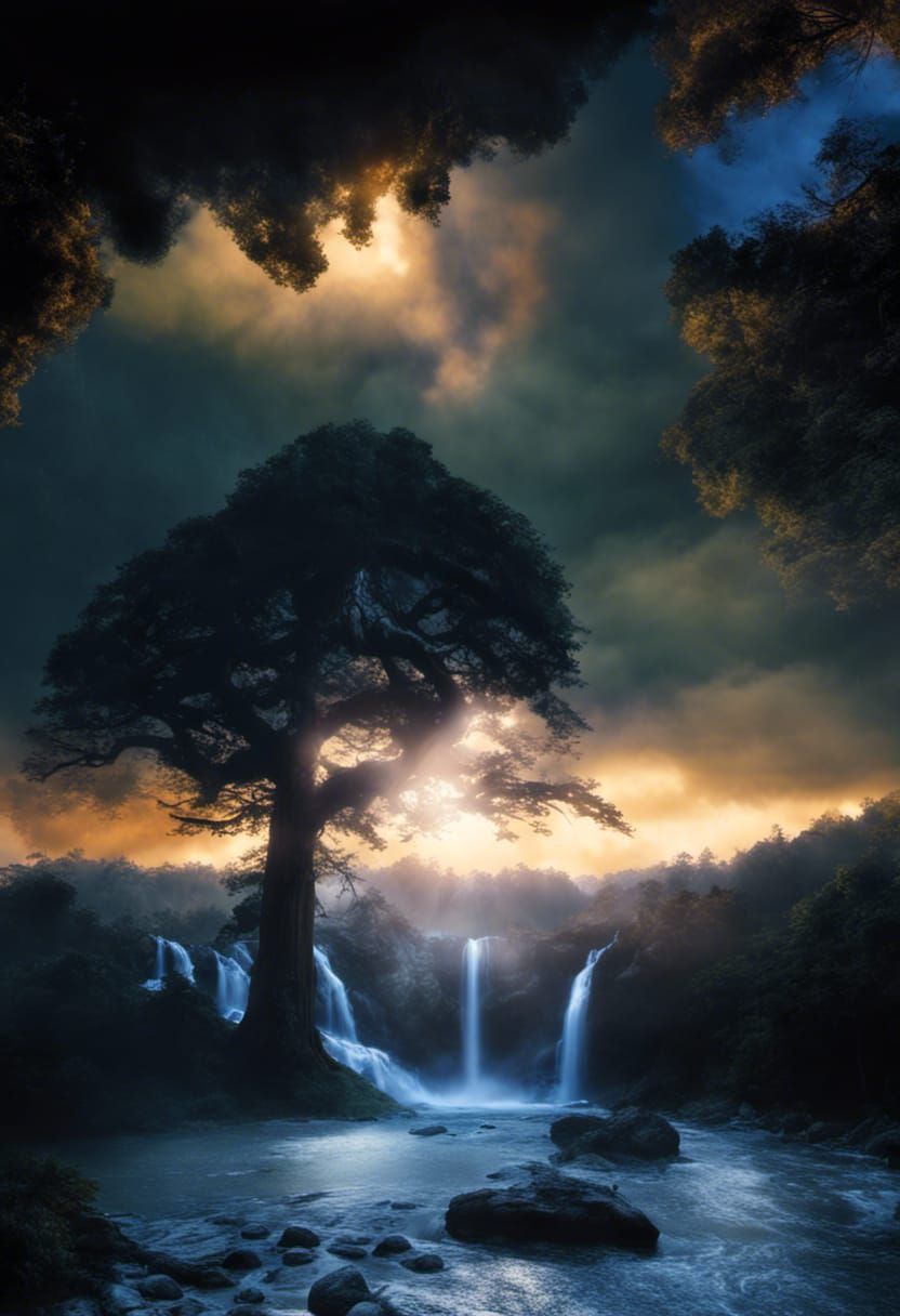 Figures Running on Giant Tree Branch in Jungle