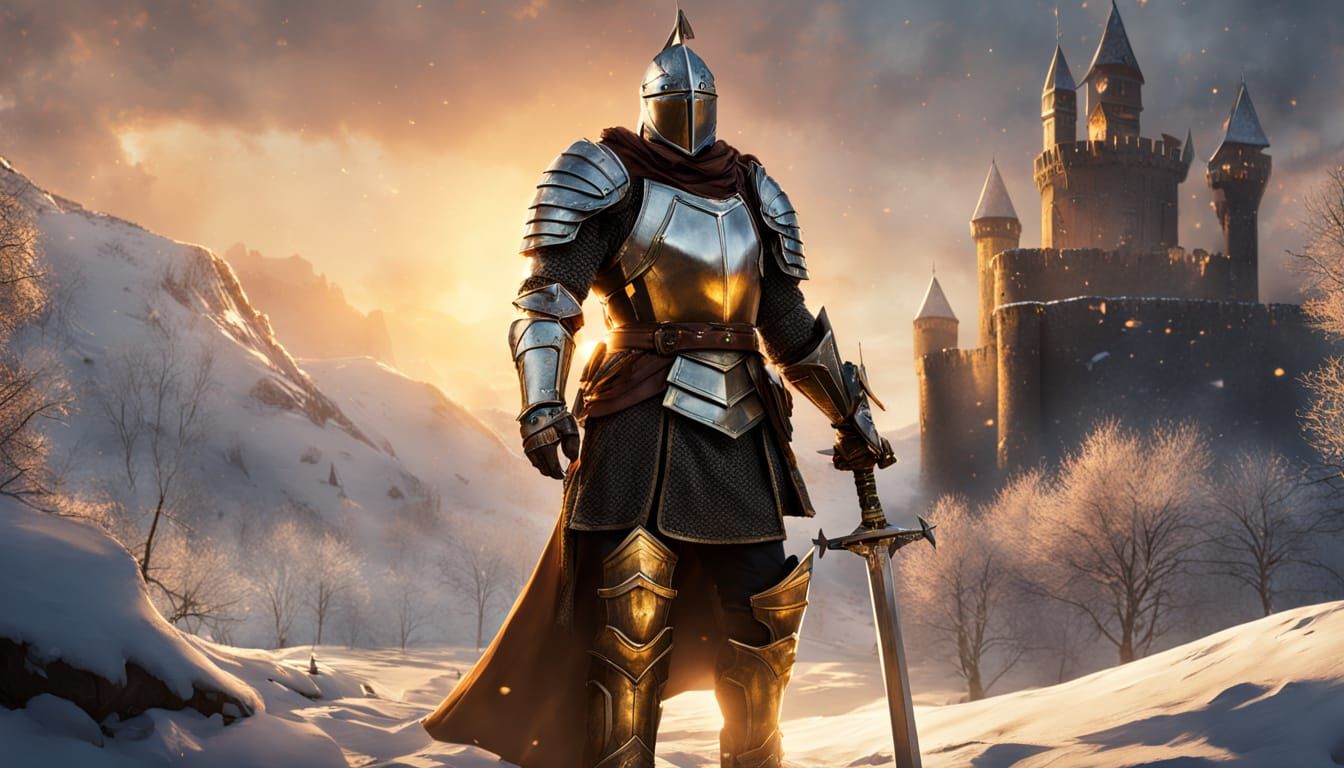 Medieval Knight Stands Guard Before Castle in Dramatic Sunse...