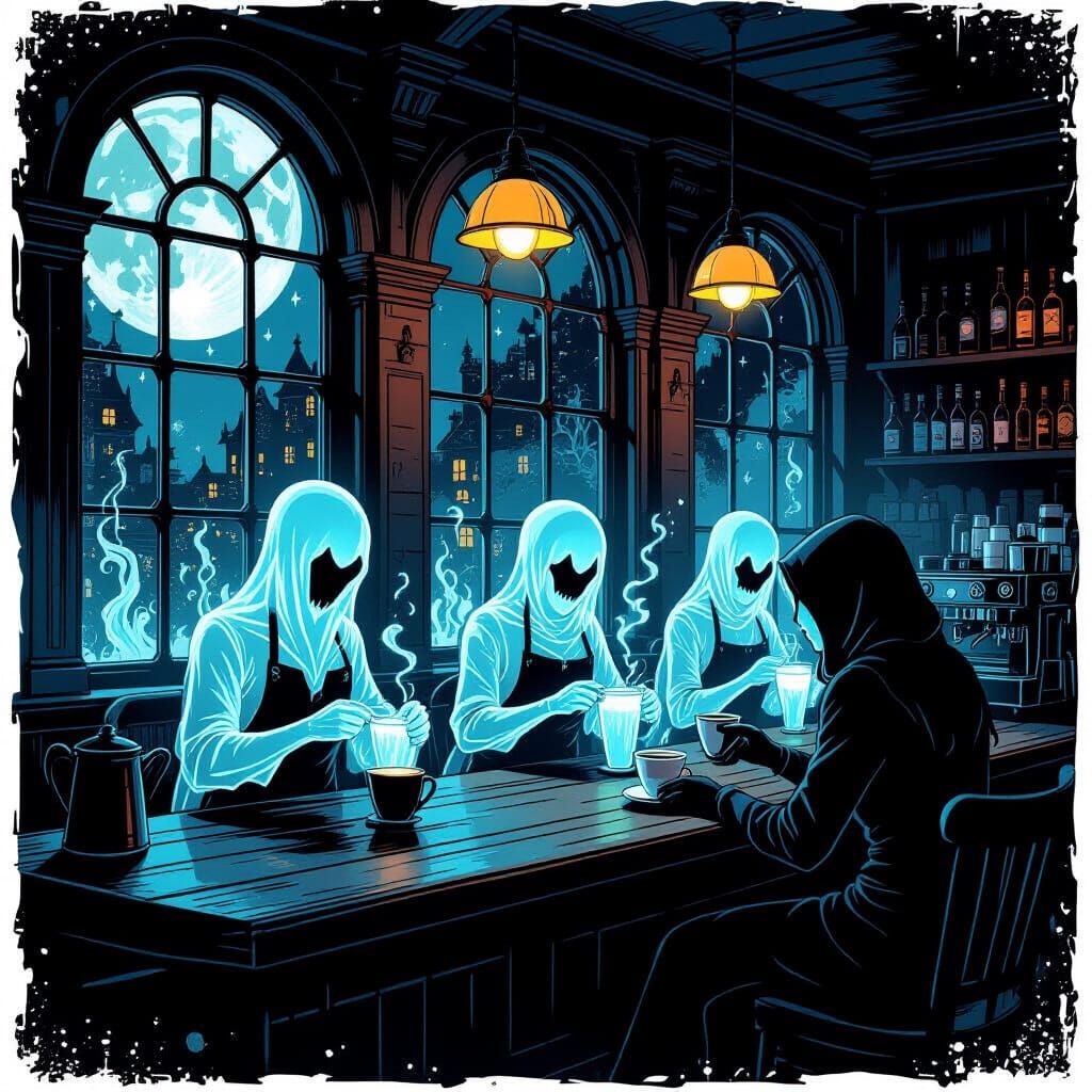 Eerie Moonlit Coffeehouse with Ghostly Baristas