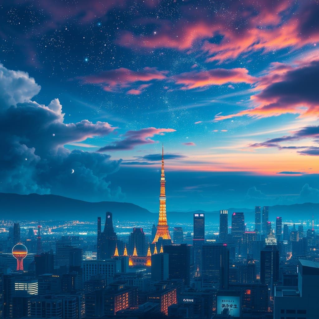 Tokyo Cityscape at Dusk in Vibrant Colors