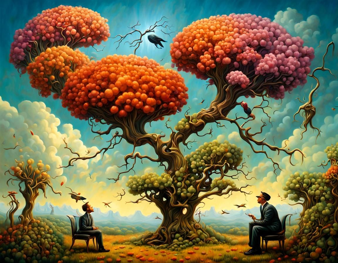 Surreal Garden Scene with Biomechanical Figures