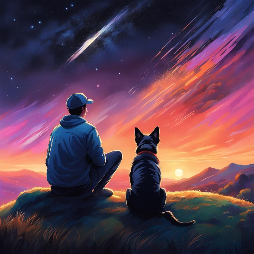 Man and Dog Gazing at Night Sky: Hyperrealistic Art