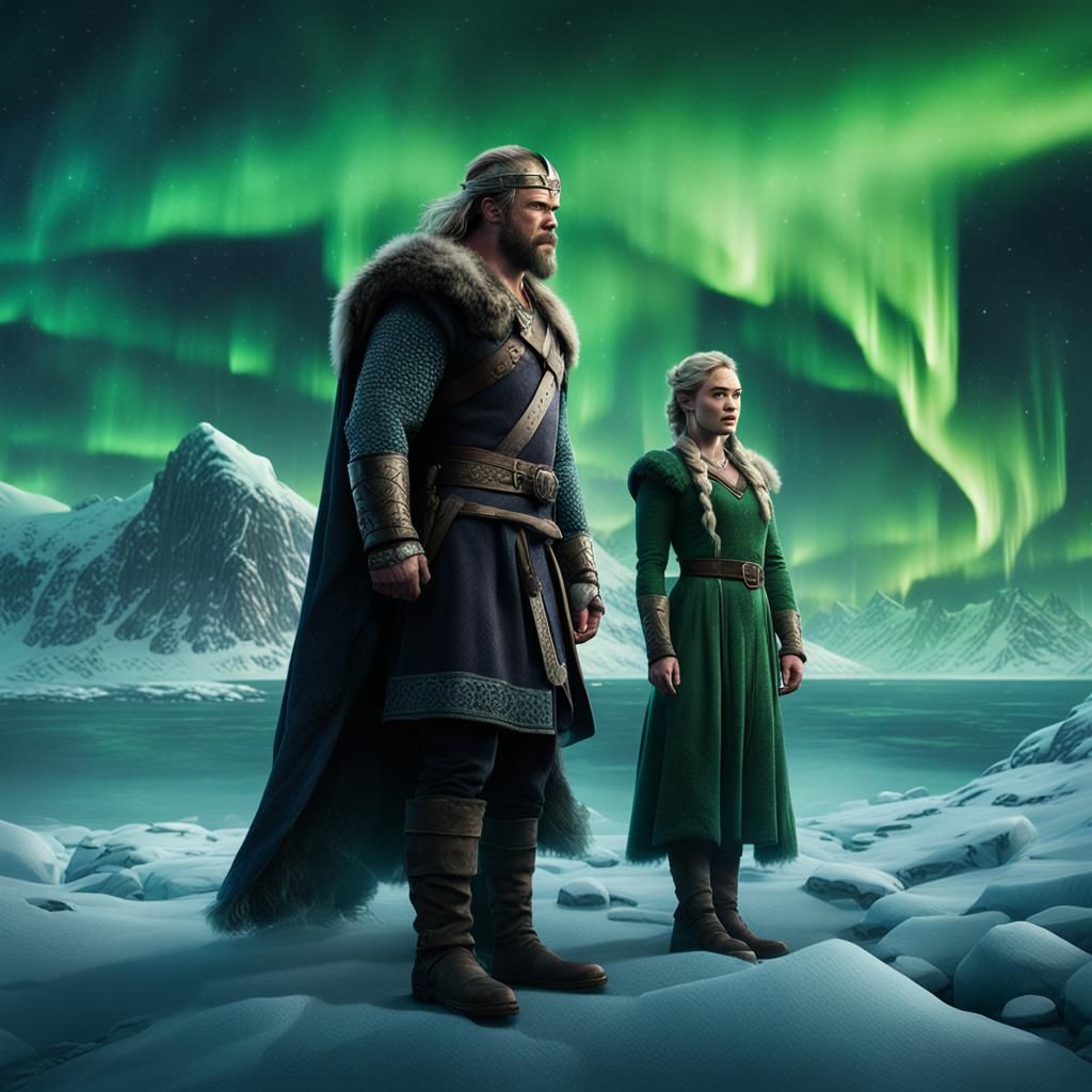 Vikings Under Aurora Borealis: Digital Art