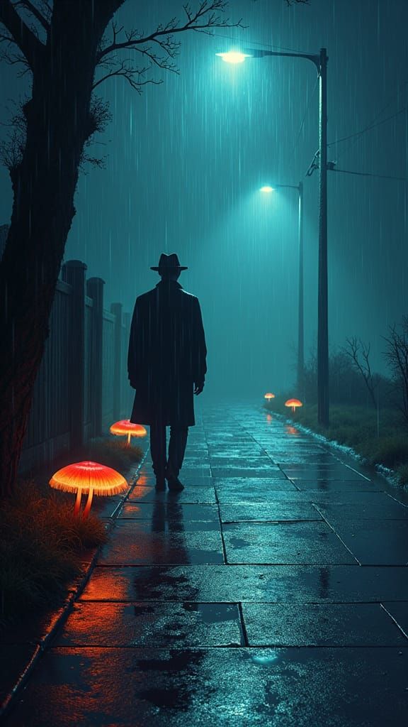 Rainy Night Silhouette with Glistening Pavement