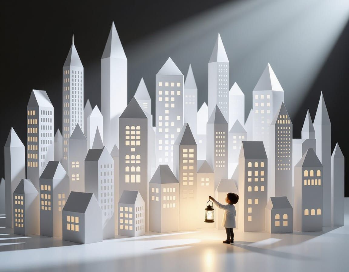 Whimsical White Paper City in Dramatic Light