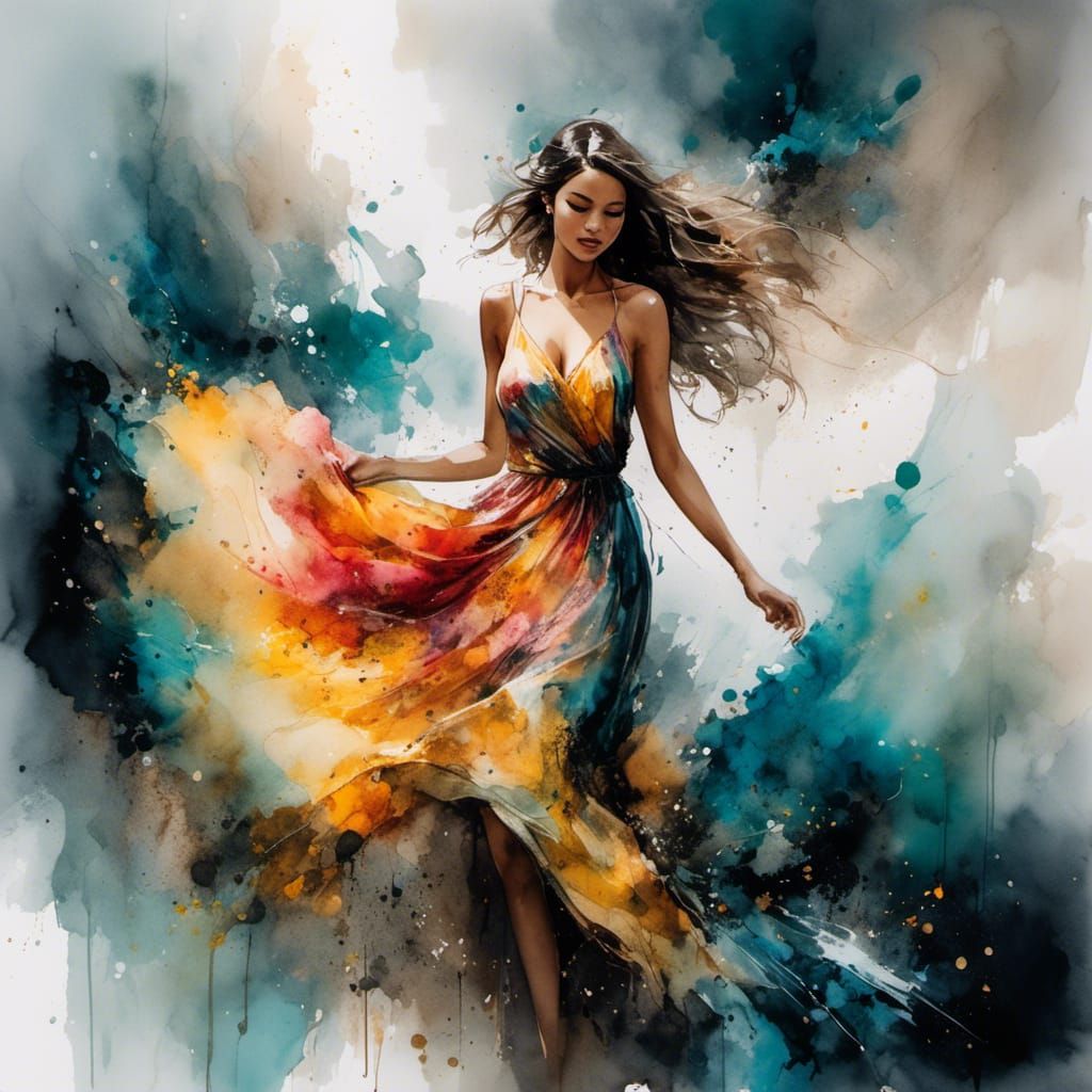 Woman Dancing in Rain, Watercolor and Alcohol Ink