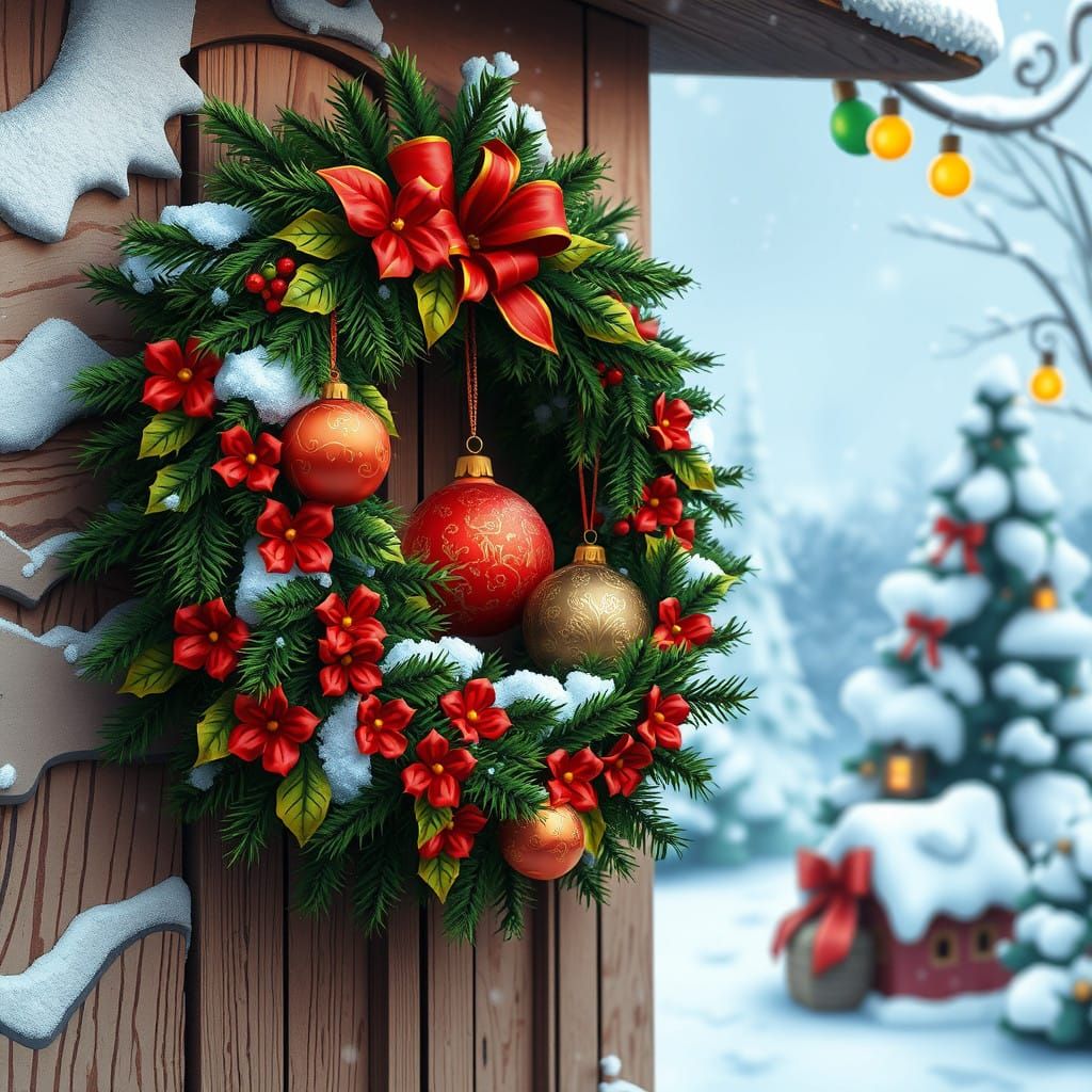 Surreal Christmas Wreath in Whimsical Winter Wonderland