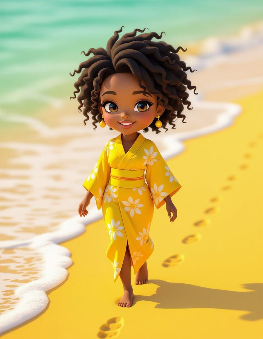 Joyful Chibi Woman on Yellow Sand Beach