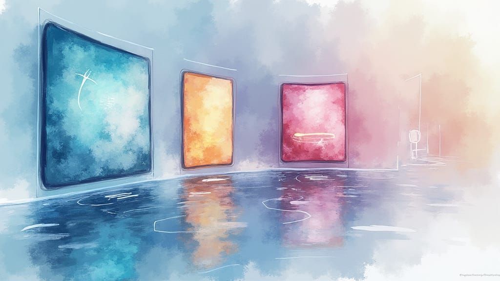 Watercolor UI Console with Rotating 3D Widgets