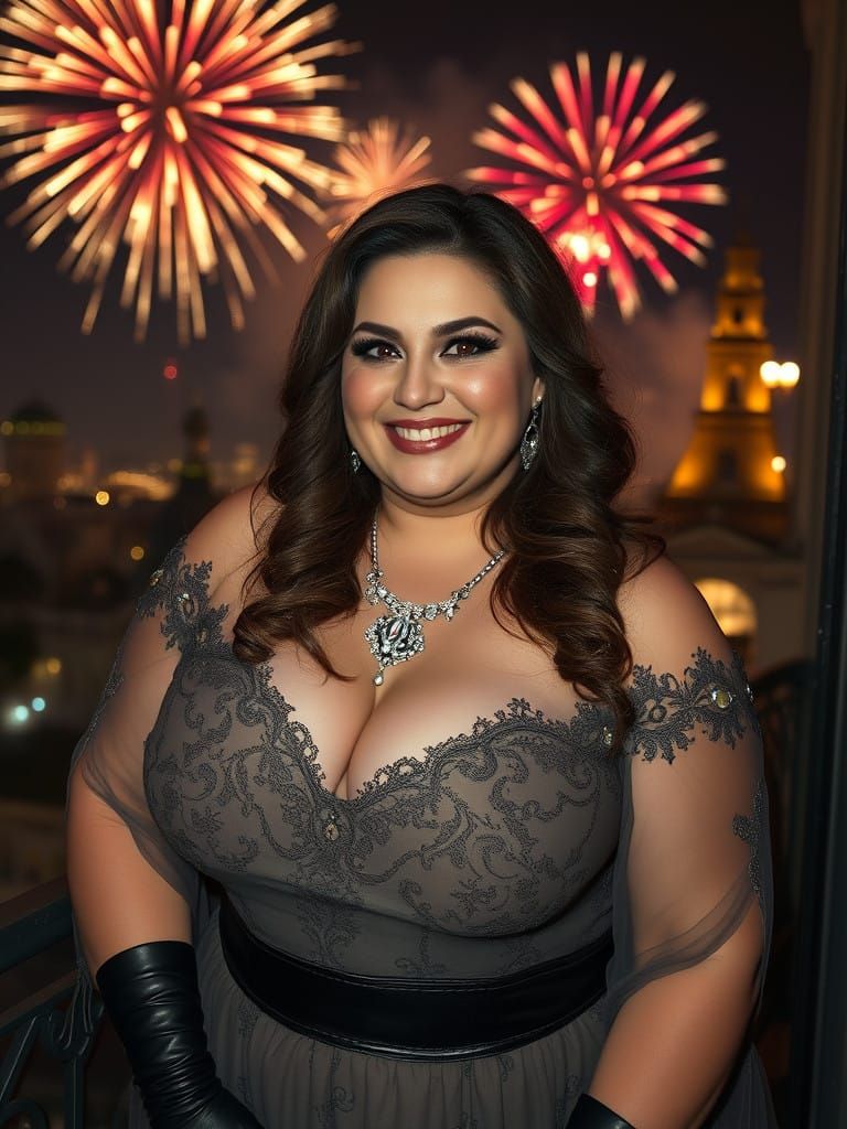 Woman in Victorian Dress Watching New Year Fireworks