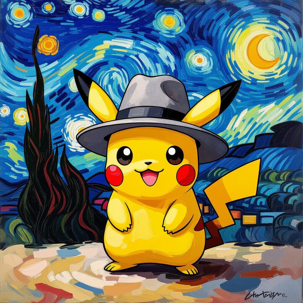 Pikachu-like Character in Van Gogh Style Oil Painting