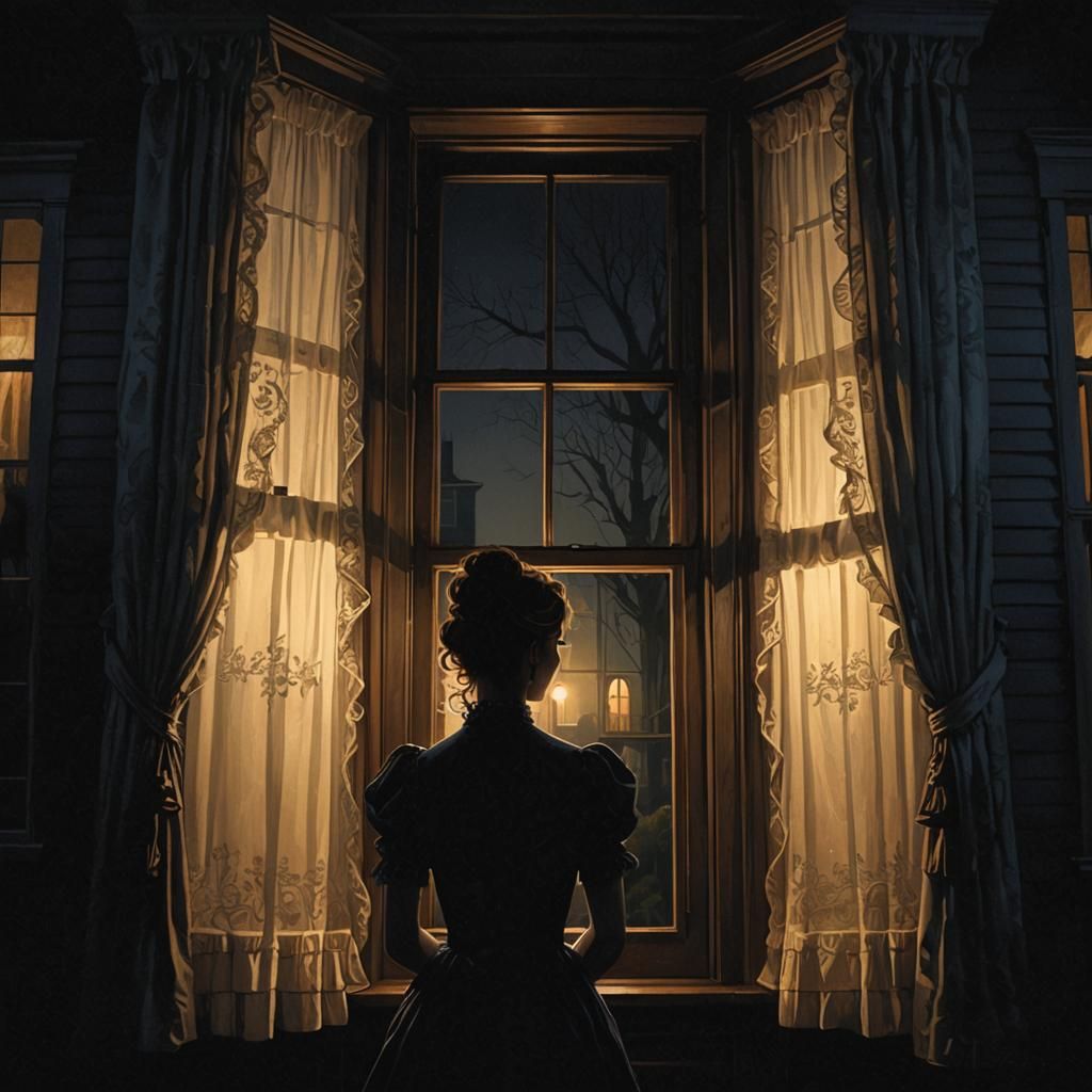 Moonlit Victorian House with Woman's Silhouette