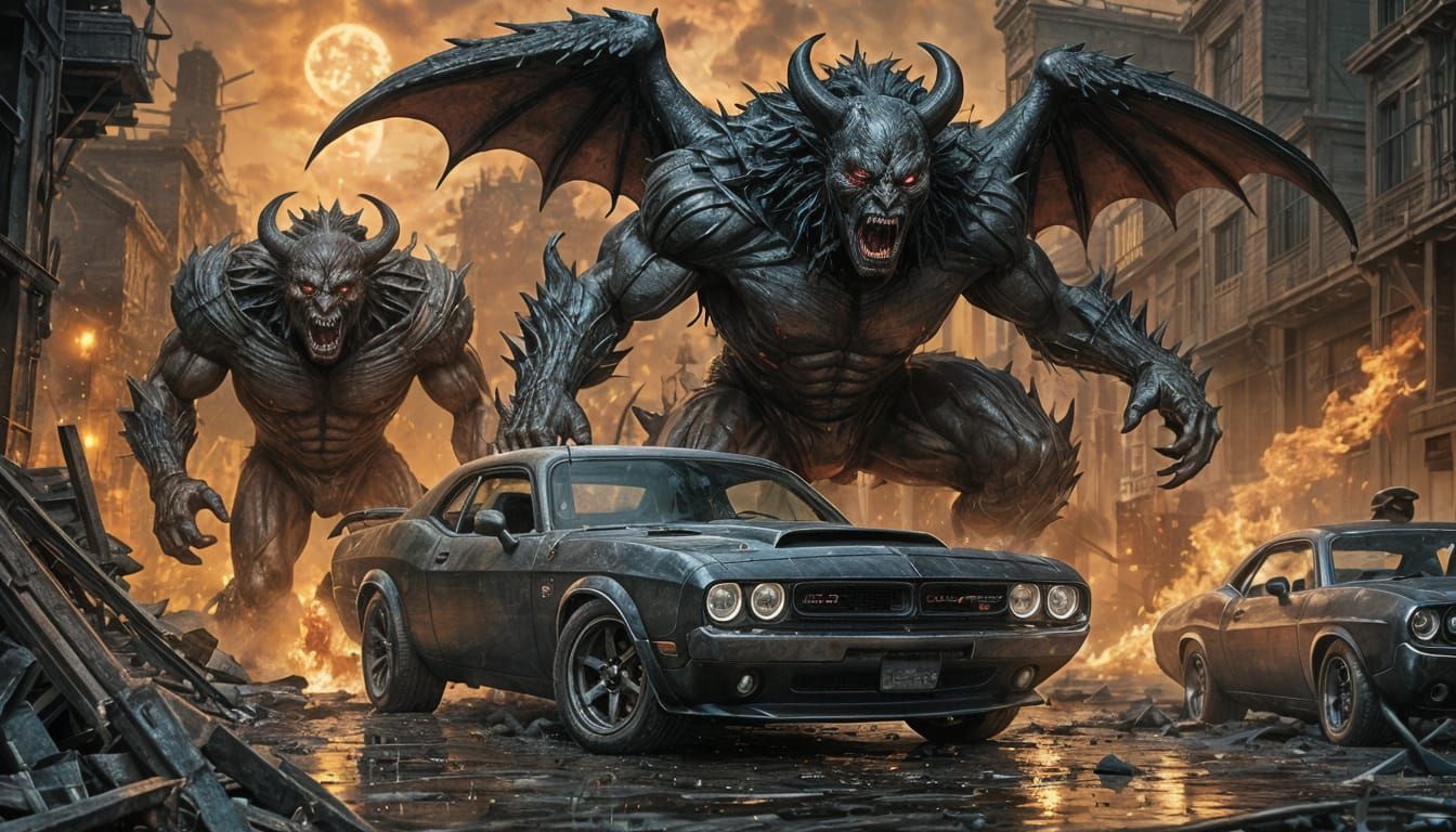 Dodge Demon Challenger in Hellscape, Horror Art