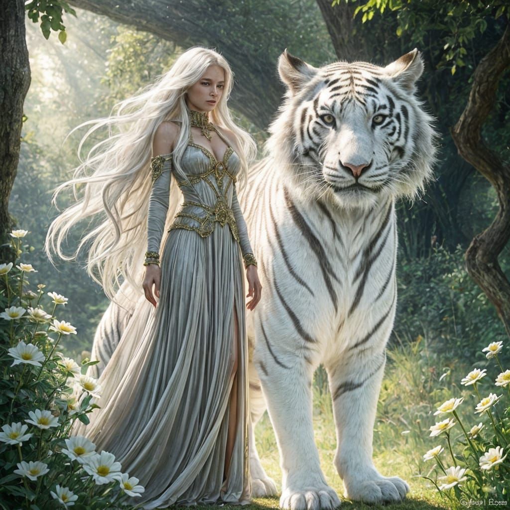 Regal Woman and Ghostly Tiger in Dreamy Glen