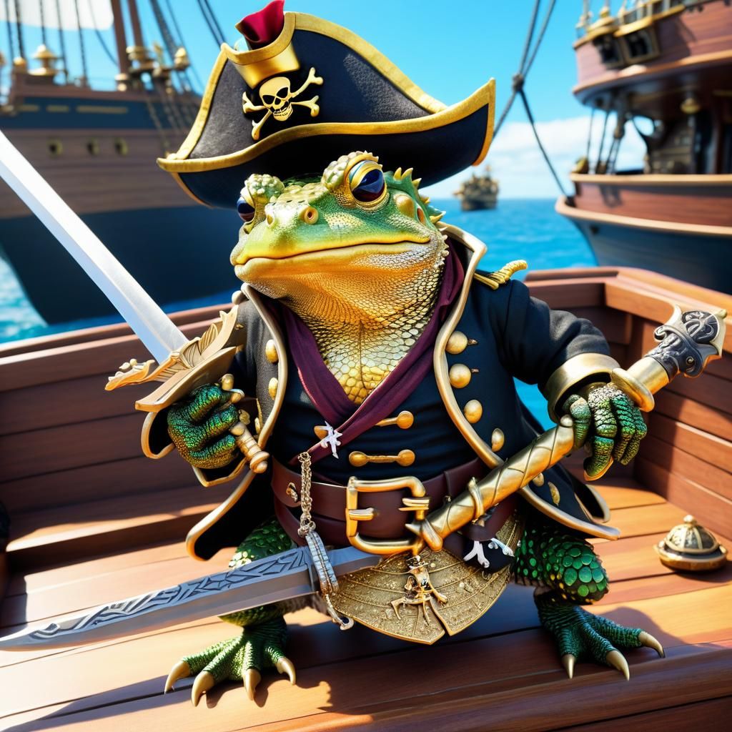 Horned Lizard Pirate Posing with Treasure Chest