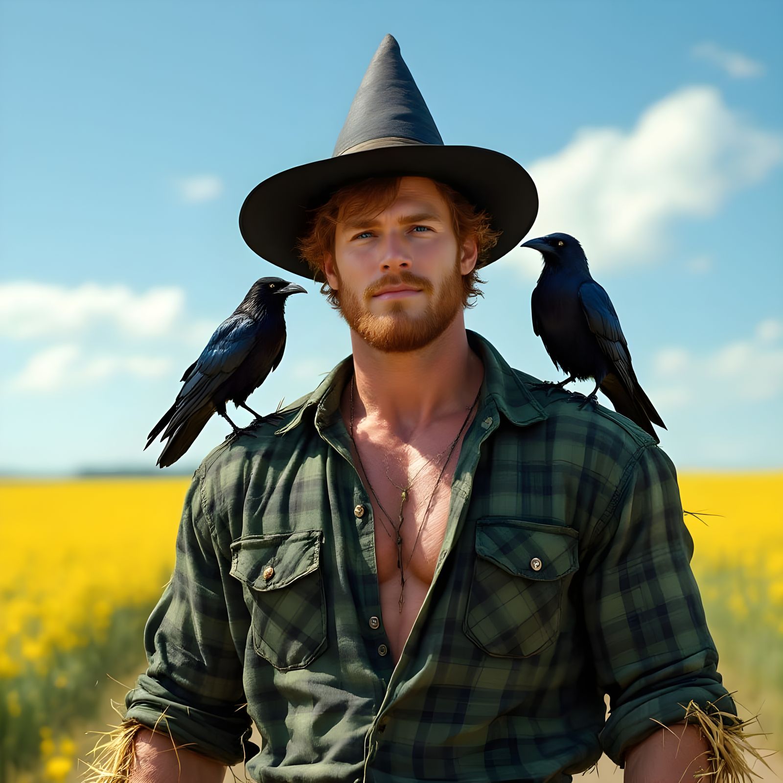 Handsome Man in Green Flannel, Witch Hat, and Crow, by a Yel...