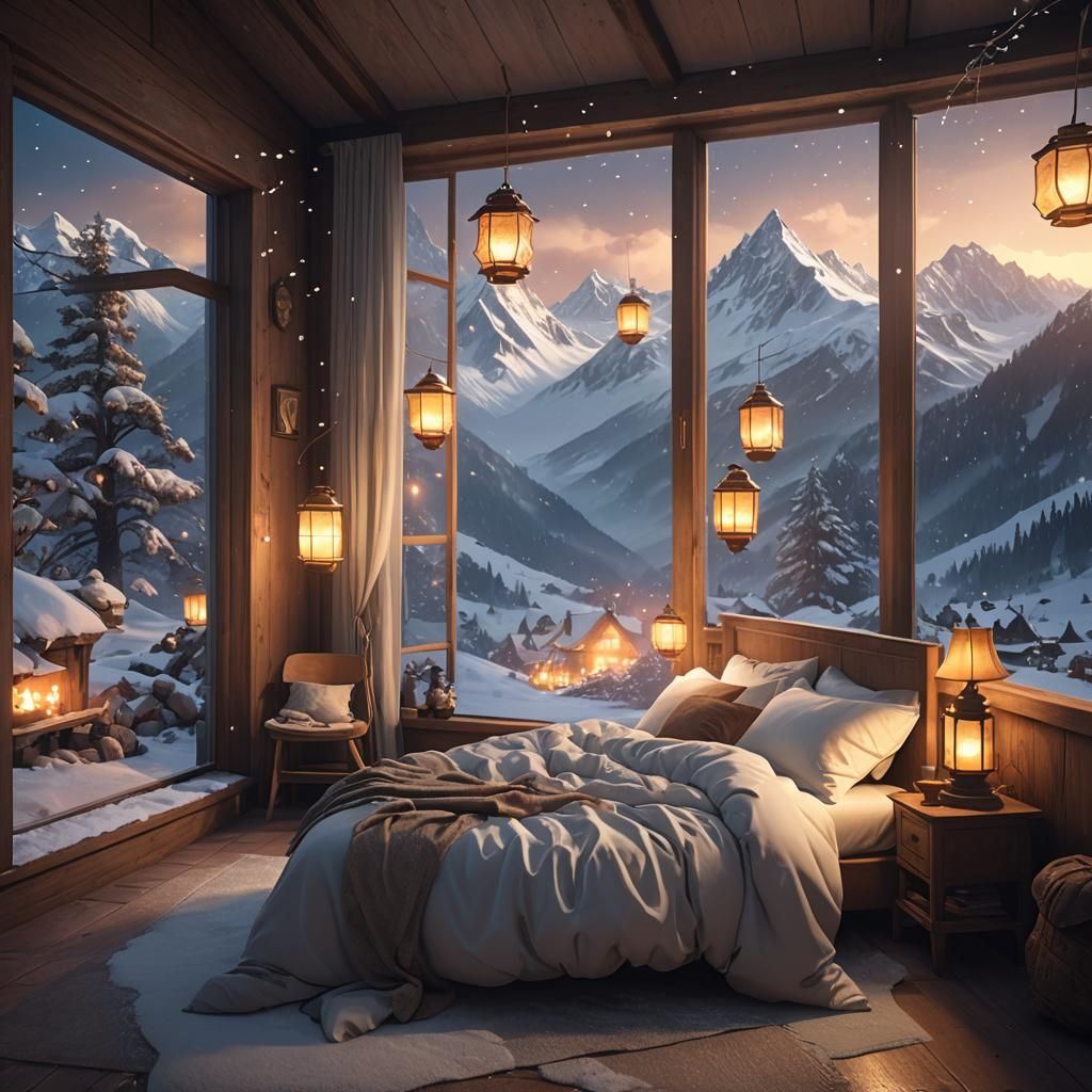 Snowy Mountain Bedroom in Fantasy Concept Art Style