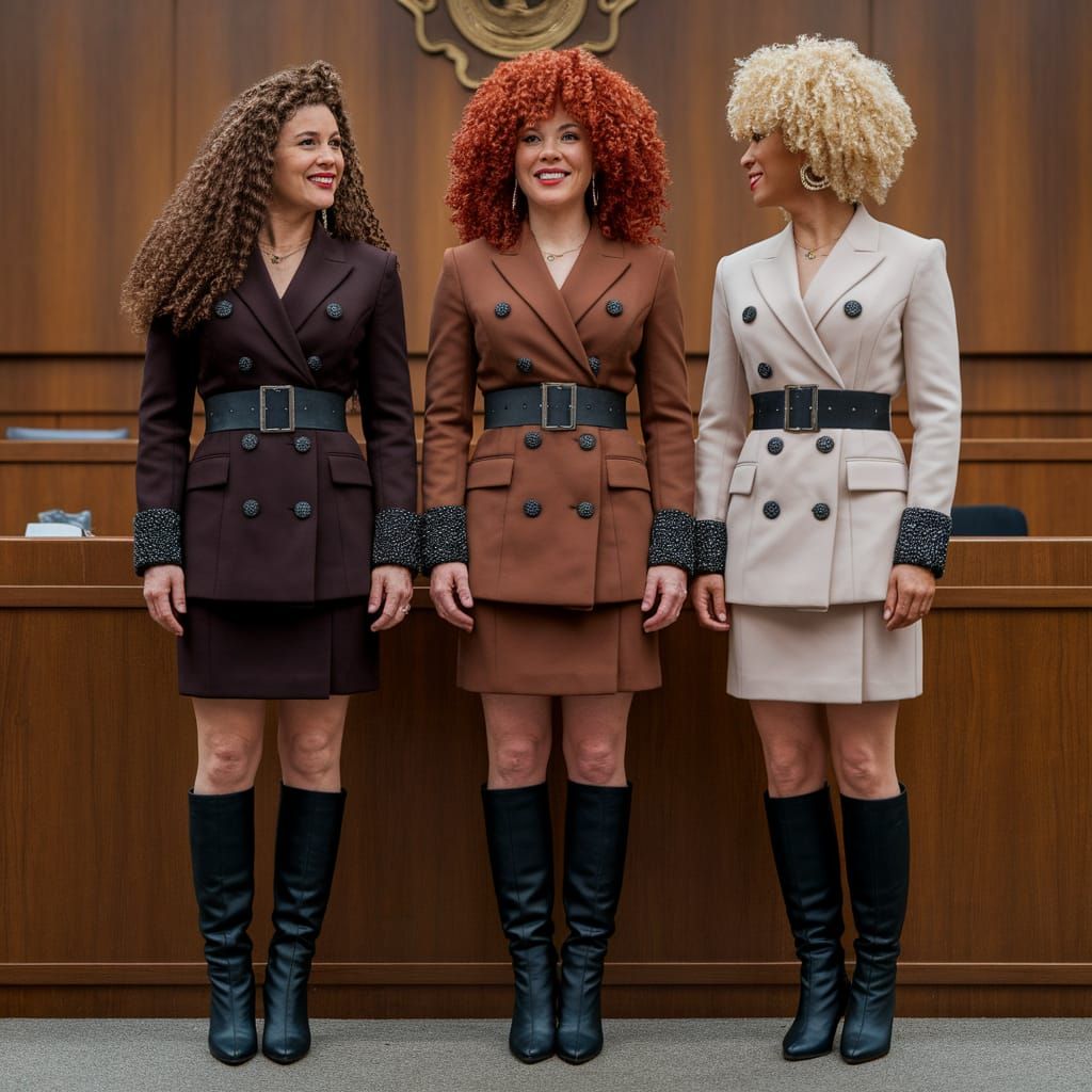 Businesswomen Chatting in Courtroom with Stylish Belts