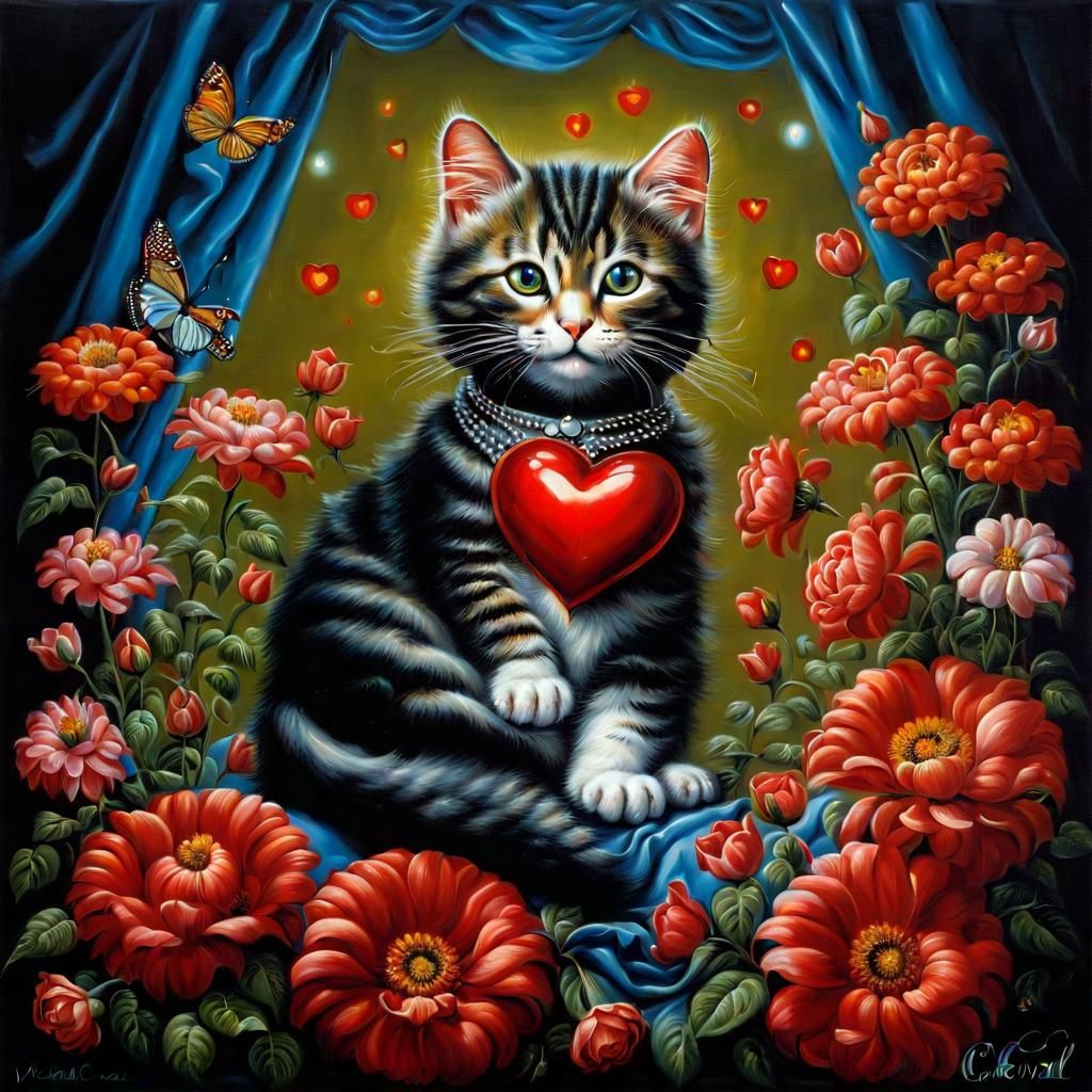 Cute Cat Surrounded by Flowers in Surrealist Style