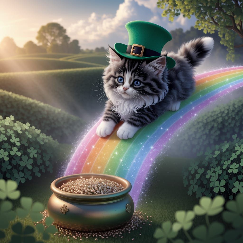 Whimsical Leprechaun Kitten Descends Rainbow into Gold