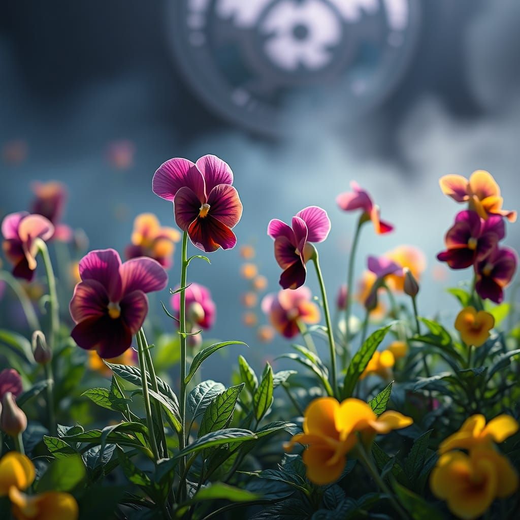 Pansies in a Whimsical Garden, Detailed Maximalist Art