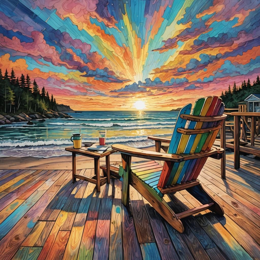 Acrylic ink drawing of beach deck Adirondack Chair construct...