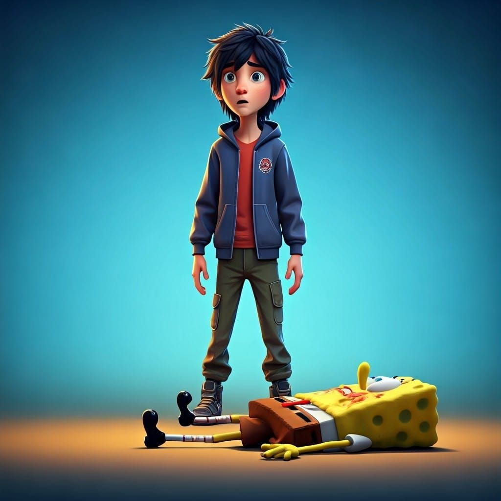 Hiro Hamada's Shock at SpongeBob's Injury: 3D Art