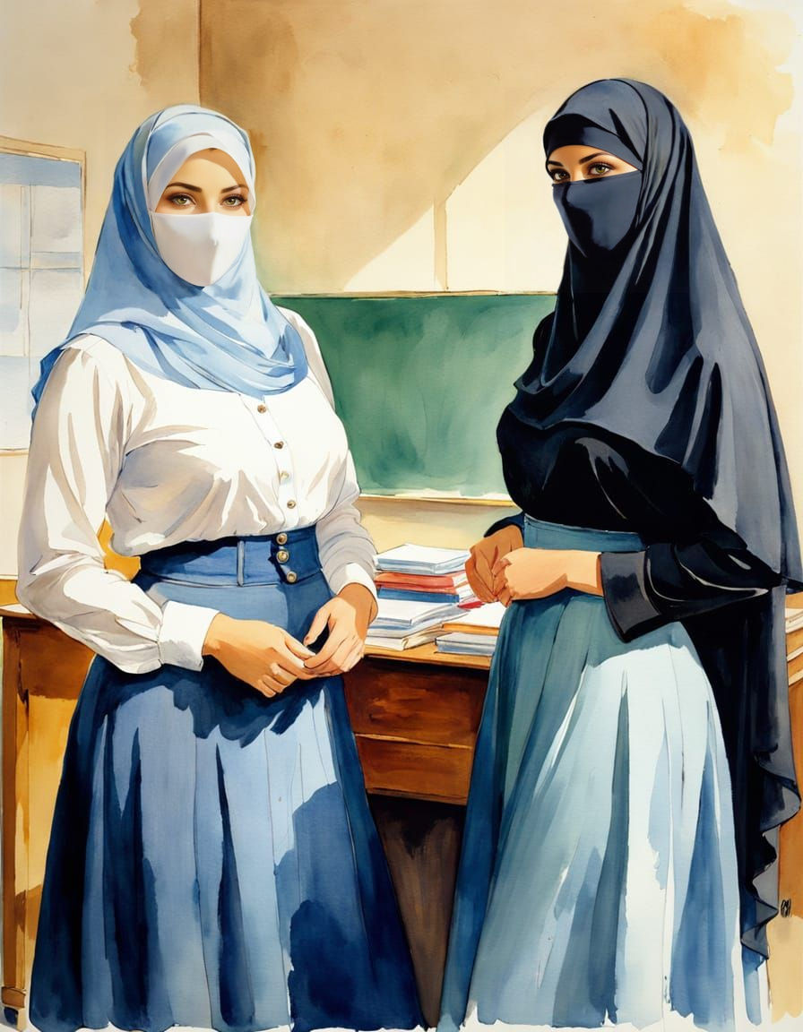 Two Modest Teachers in a Vibrant Watercolor Portrait