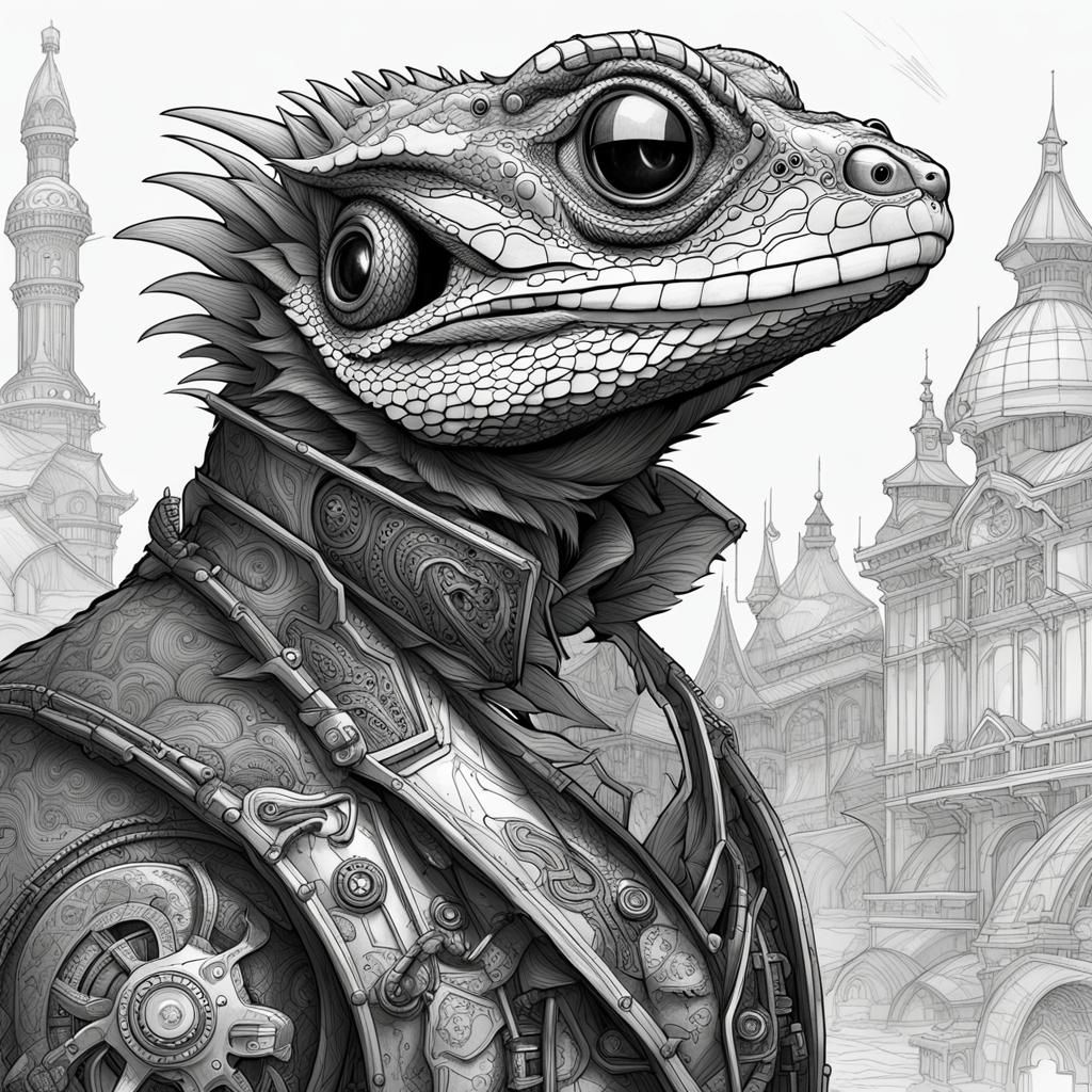 Steampunk Bearded Dragon in Black and White