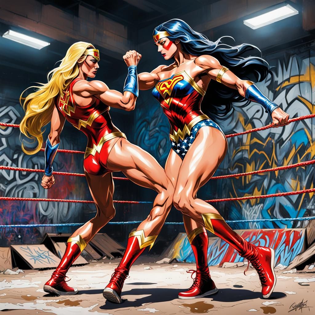 Supergirl and Wonder Woman Bikini Graffiti Art