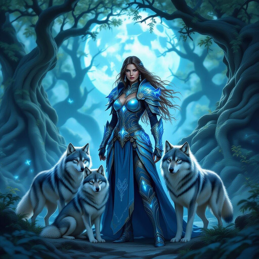 Warrior and Dire Wolves in Mystical Forest