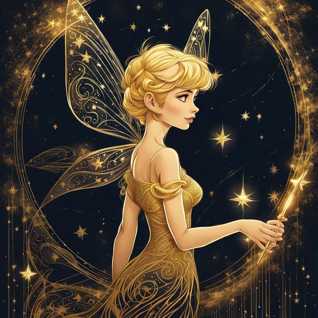 Golden Tinkerbell Linework in Starry Night Sky