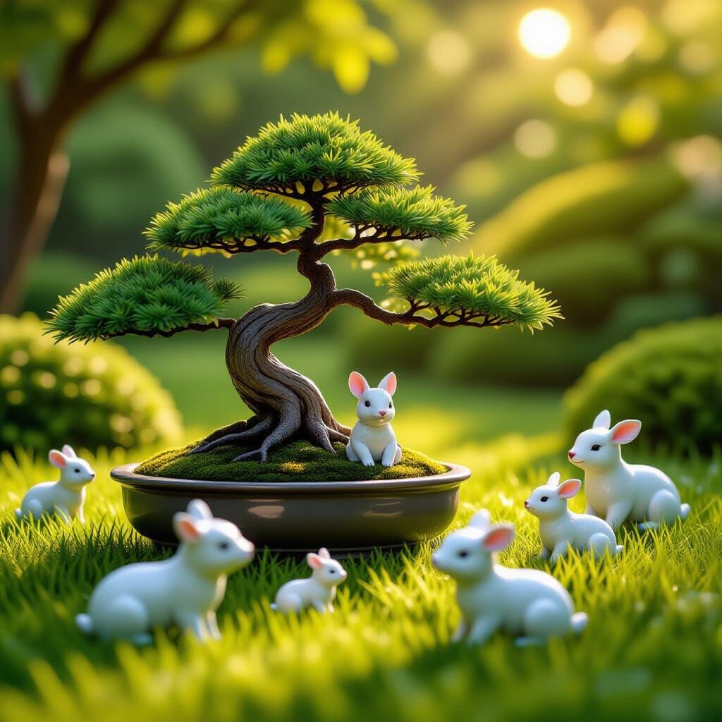 Bonsai Garden with Porcelain Animals in Hyperreal Style