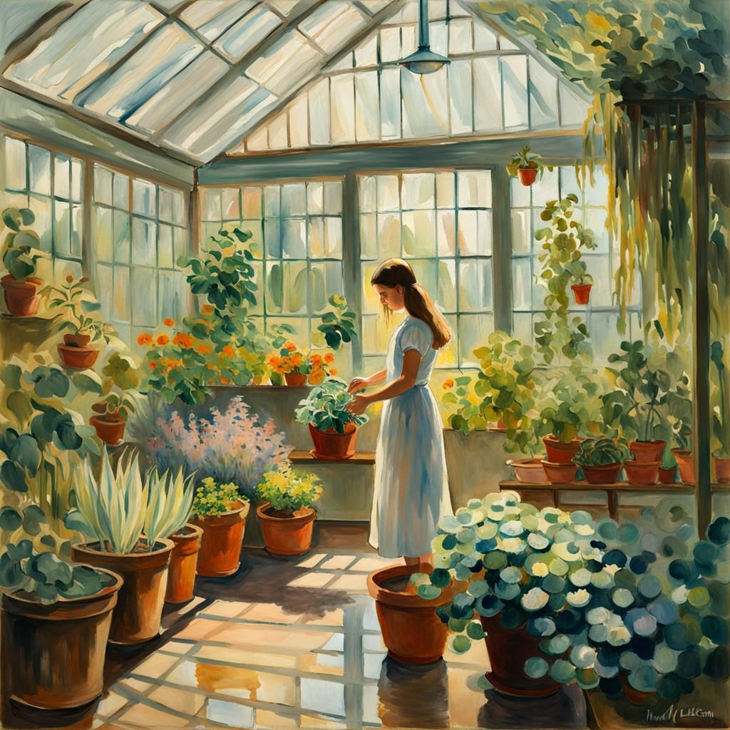 Sunlit Greenhouse Impressionist Watercolor Painting