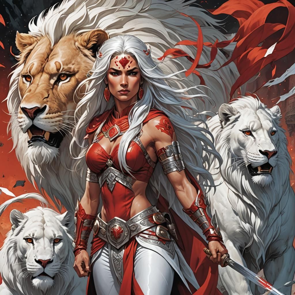 Warrior Woman and Lion in Comic Book Art