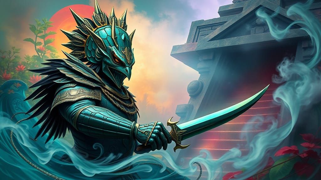 Serpent Warrior Emerges from Aztec Temple in Iridescent Armo...