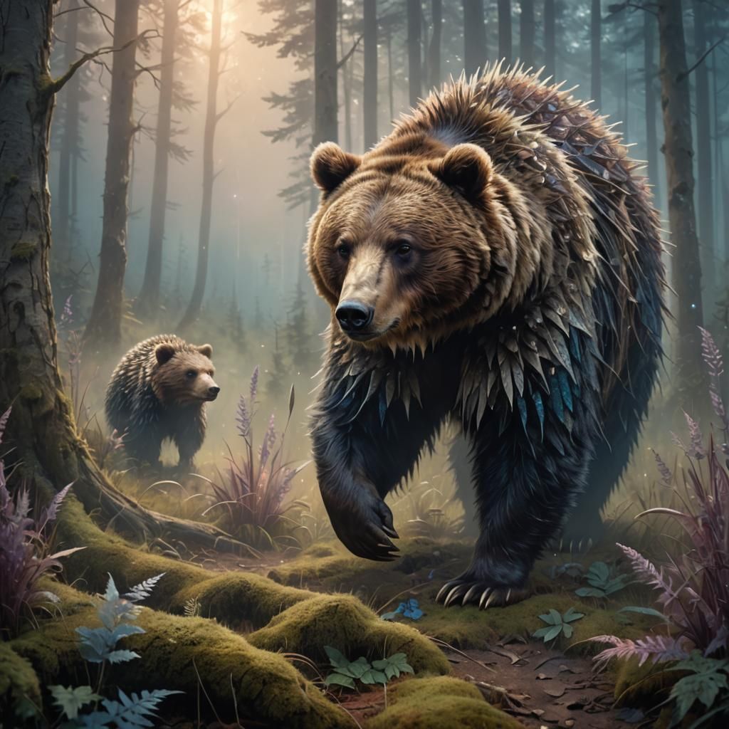 Fantasy Bear with Hedgehog Quills in Misty Forest