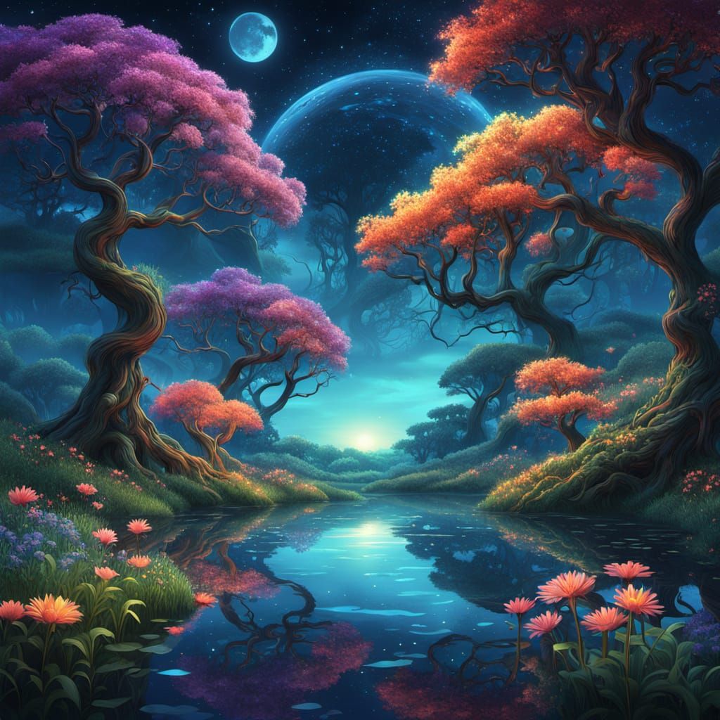 Enchanting Flower Meadow Under Starry Sky