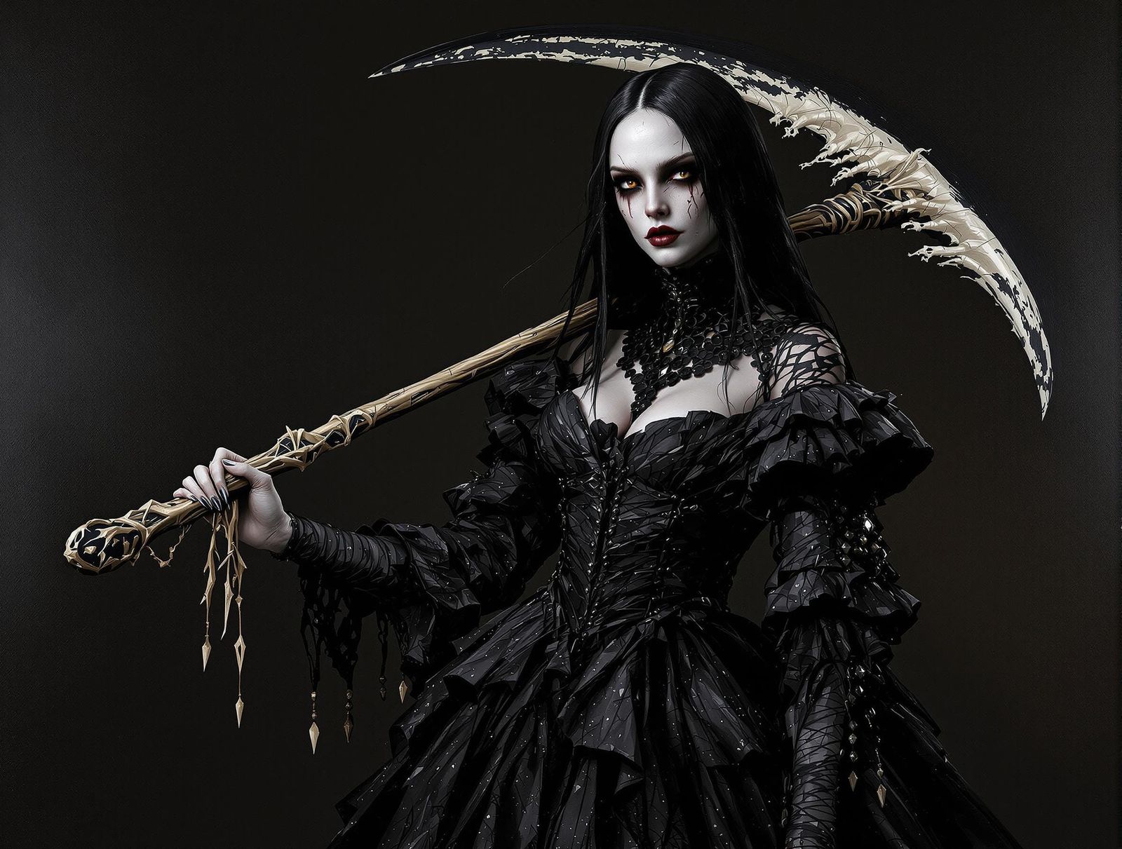 Wednesday Addams Portrait with Scythe as Impasto Oil Paintin...